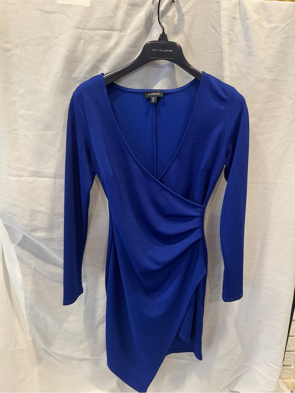 le chateau Cobalt Blue Draped Long Sleeve Dress